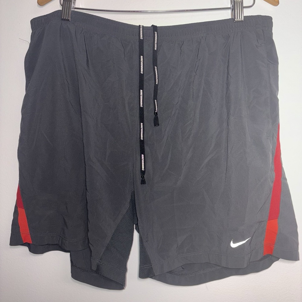 Nike DRI-Fit Running Shorts Size Large Red Gray Athletic Outdoor Swoosh Logo